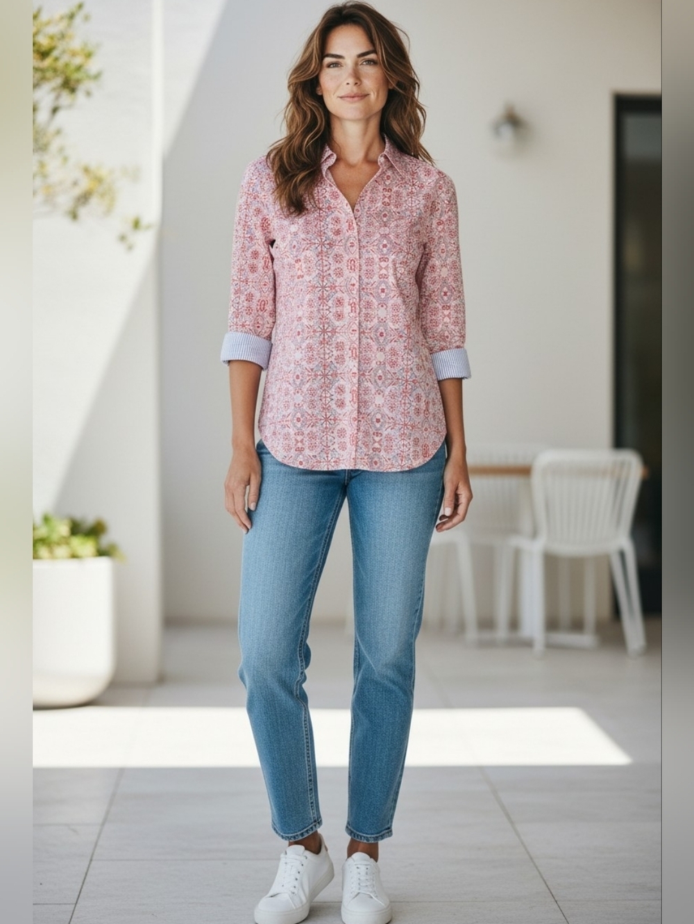 Foxcroft NYC Pink Geometric Print Button Down Shirt | Small